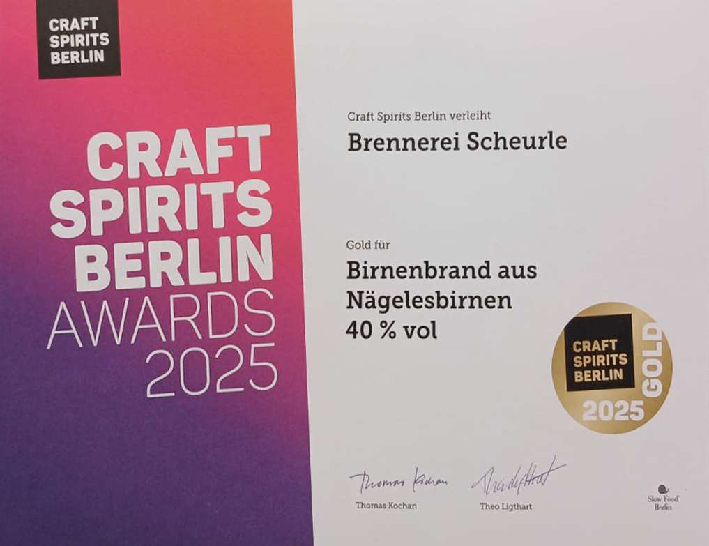 Craft Spirits Berlin Awards 2025 – Gold für Birnenbrand aus Nägelesbirnen, 40&nbsp;% vol